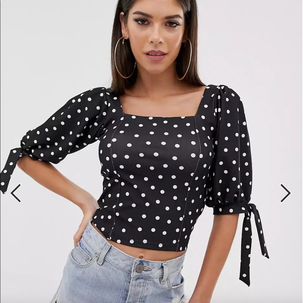 ASOS Tall Crop Square Neck Polka Dot Top with Tie Cuff